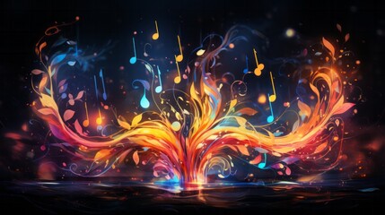 Melodic Splash.
Vivid splash of music notes and colours, suggesting a powerful musical explosion. - obrazy, fototapety, plakaty