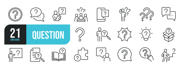 Set of line icons related to question, inforamtion, help, think. Outline icons collection. Editable stroke. Vector illustration. - obrazy, fototapety, plakaty