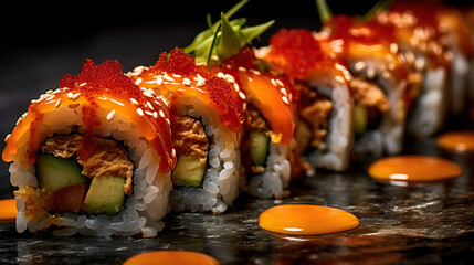Sushi Rolls: A Delightful Feast,sushi on a black background,japanese sushi rolls,Seafood Japanese Sushi Food Photography Close Up
