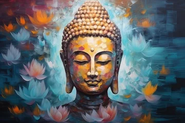 Gordijnen Oil painting of golden glowing Buddha face with abstract texture on background © Kien
