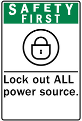 Multiple power source warning sign and labels lock out all power source