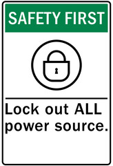 Multiple power source warning sign and labels lock out all power source