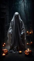 Spooky Halloween Ghost In Spooky dark Night. Holiday event halloween background concept for halloween card