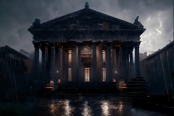 zeuss pantheon temple heavy rain storm and a lot lightning and thunder hitting the building front view hyper detailed photo realistic cinematic light from the front unreal engine octane render 8k 