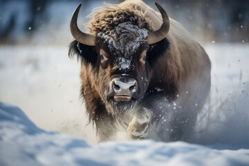 a cute buffalo playing in the snow