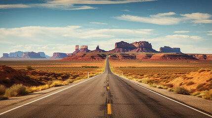Fototapeta na wymiar Travel trip through the state of Arizona, Monument Valley. Endless straight highway in the USA