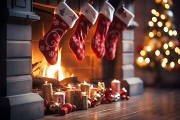 Christmas stockings hanging over a cosy fireplace on Christmas eve with copy space. Beautifully decorated living room on occasion of New Year and Christmas holidays.
 - obrazy, fototapety, plakaty
