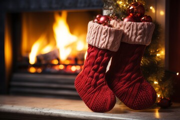 Christmas stockings hanging over a cosy fireplace on Christmas eve with copy space. Beautifully...
