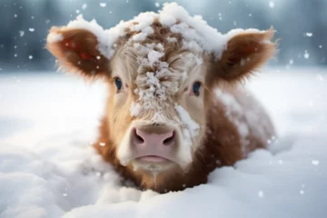 Fotobehang a cute cow playing in the snow © Yoshimura
