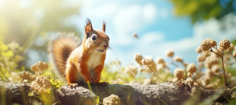 Squirrel standing over the rock. Generative AI technology.