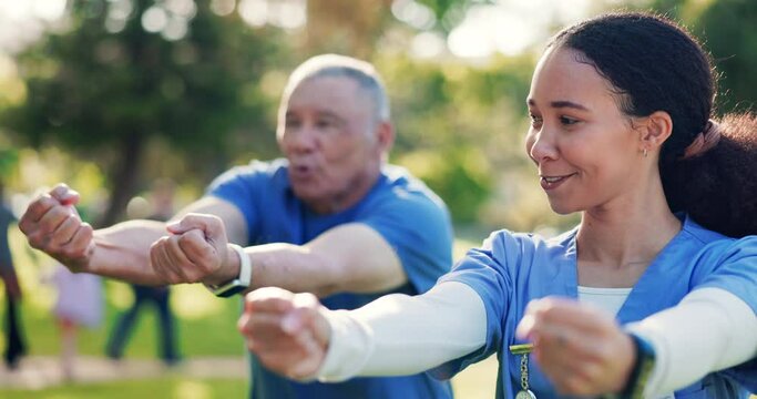 Nurse, tai chi and outdoor with senior man stretching and caregiver with namaste and wellness in a park. Support, physical therapy and woman help with physio, exercise and retirement with care