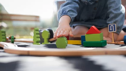 Fotobehang Lego A little girl is playing a wooden construction set on a carpet in an open space. Educational games.  © Виктория Попова