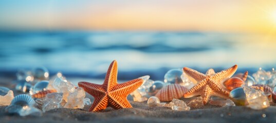 Closeup starfish at sand beach. Generative AI technology. - Powered by Adobe