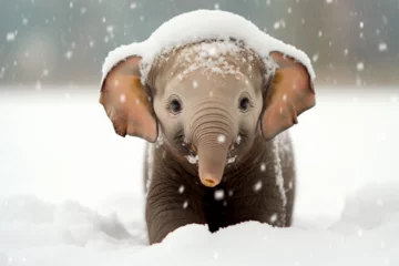 Poster a cute elephant playing in the snow © Yoshimura