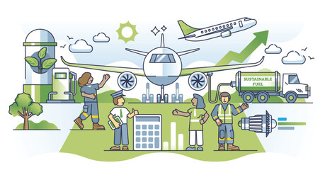 Sustainable aviation fuel and green biofuel consumption outline concept. Environmental and nature friendly energy usage for airplane engines vector illustration. Net zero emissions with modern gas.