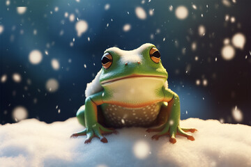 a cute frog playing in the snow - obrazy, fototapety, plakaty
