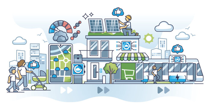 Real time carbon emission data monitoring and CO2 tracking outline concept. Smart city feature for air quality management to avoid carbon dioxide gas pollution vector illustration. Green urban scene.