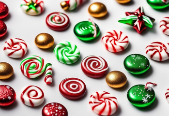 Fototapeta na wymiar Colorful and various christmas candies on a white background.