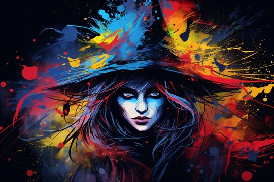 Colorful graffiti painting of a witch woman