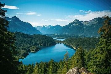 Naklejka na ściany i meble Pristine lakes reflect azure skies, lush forests thrive amidst mountains.