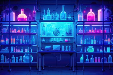 Racks of colorful chemicals and liquids in a laboratory research facility.