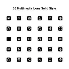 Illustration vector graphic icon of 30 Multimedia Icons Set. Solid Style Icon. Multimedia Themed Icon. Vector illustration isolated on white background. Perfect for website or application design