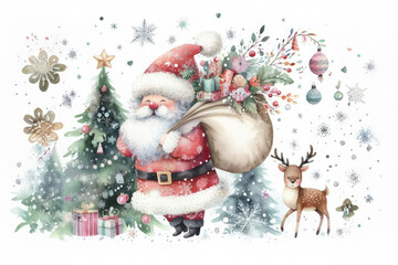 Watercolor Christmas illustration with Santa Claus, reindeer and snowflakes. Created with Generative AI tools