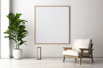 Stylish minimalistic 3d interior with mockup painting on the wall. Interior with an armchair and a plant