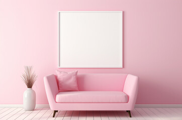 Pink minimalistic 3d interior with mockup painting on the wall. Pink sofa