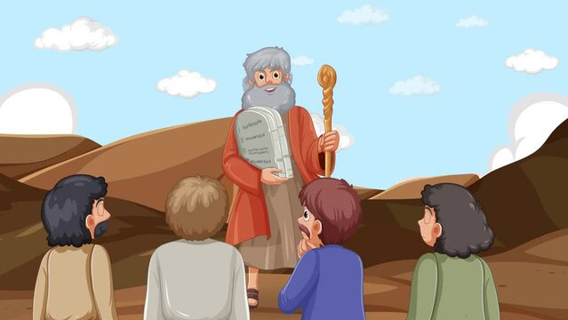Moses holding the 10 commandments and teaching the people.