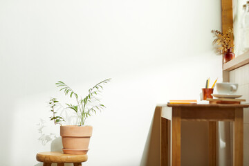 A comfortable room where warm afternoon sunlight
comes in through a window with a view of tree leaves