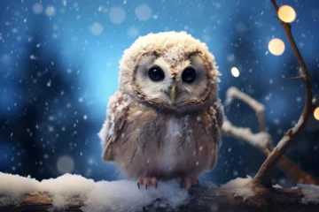 Poster a cute owl playing in the snow © Yoshimura