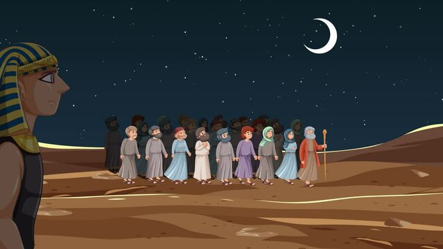 Scene of Moses leading Israeli people to escape from Egyptian pharaoh.