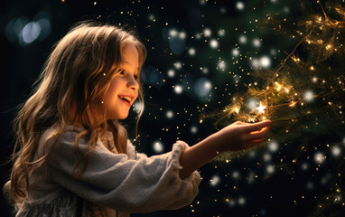 Miracle at Christmas tree. Little girl is touching Christmas lights. Generative AI