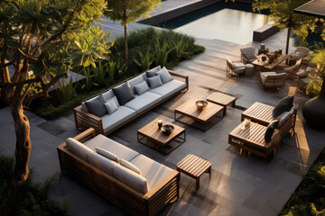 aerial view of a lavish side outside garden at morning, with a teak hardwood deck and a black pergola