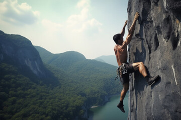 Strong man climbing on a mountain - obrazy, fototapety, plakaty