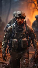 a soldier, group, or team in a raging jungle or a violent conflict,. © tongpatong