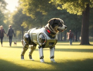 Robot dog in the grass of a community park with a shady atmosphere, future pet concept. Generative AI