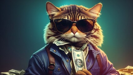 Fototapeta premium Cool rich successful hipster cat with sunglasses and cash money