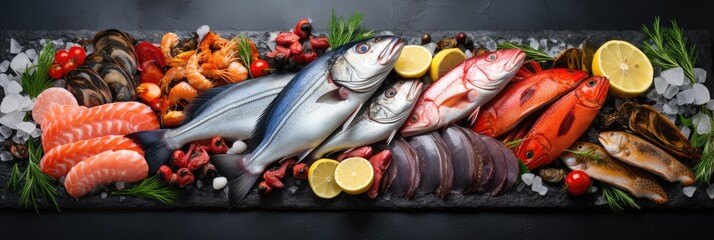 Fresh fish and seafood arranged on black background rocks - obrazy, fototapety, plakaty