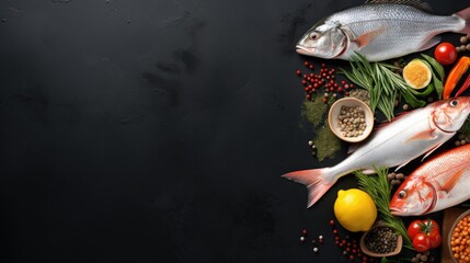 Fresh fish with ingredients for dark background Top view with space to place text.