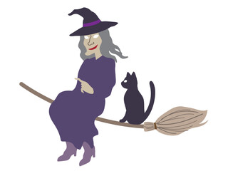 Halloween outlined vector illustration element of cute, fun and spooky flying wicked witch in purple costume  talking with a cat on a  broom