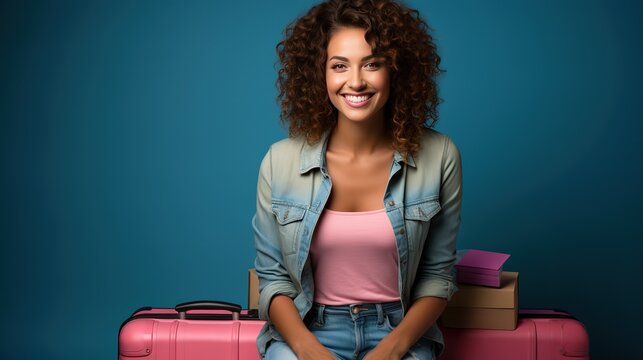 Beauty woman with pink suitcases is ready to travel adventure