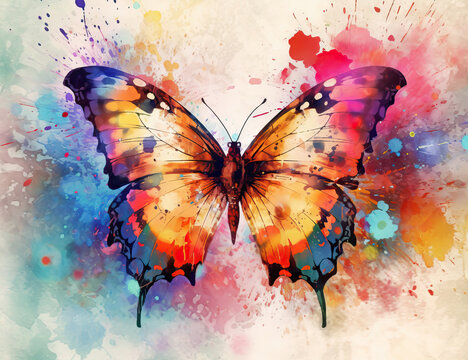 Vibrant Serenity: A Colorful Butterfly Amidst a Watercolor Splash,butterfly on white background,Colorful Butterfly Realistic Illustration