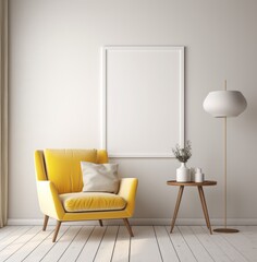 Living room with a yellow chair and a white frame mockup on a wall.