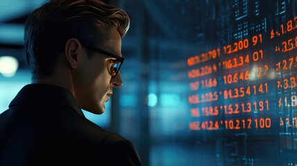 Man in glasses looking at a code that shows some numbers with programer.