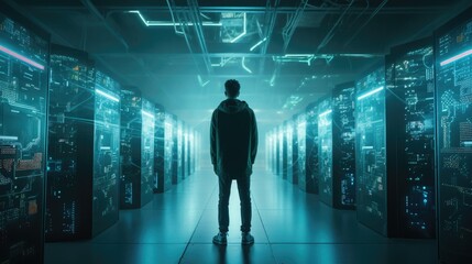 Man in a server room standing near an tablet checking about network and data system.