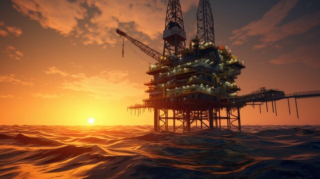 Offshore Jack Up Oil Rig in The Middle of The Sea at Sunset Time.