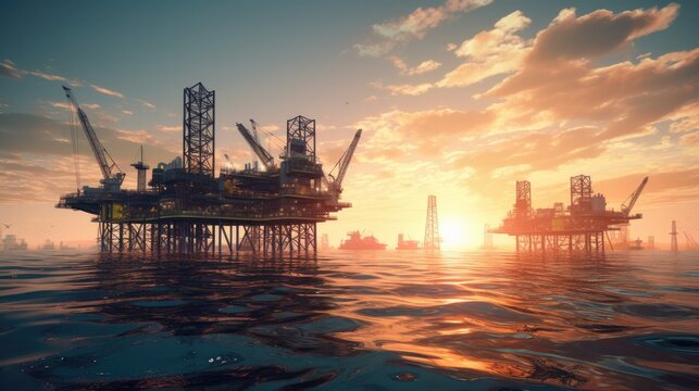 Offshore Jack Up Oil Rig in The Middle of The Sea at Sunset Time.