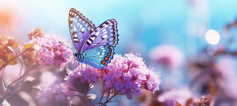 Purple blue butterfly collect nectar from flower. Generative AI technology.
